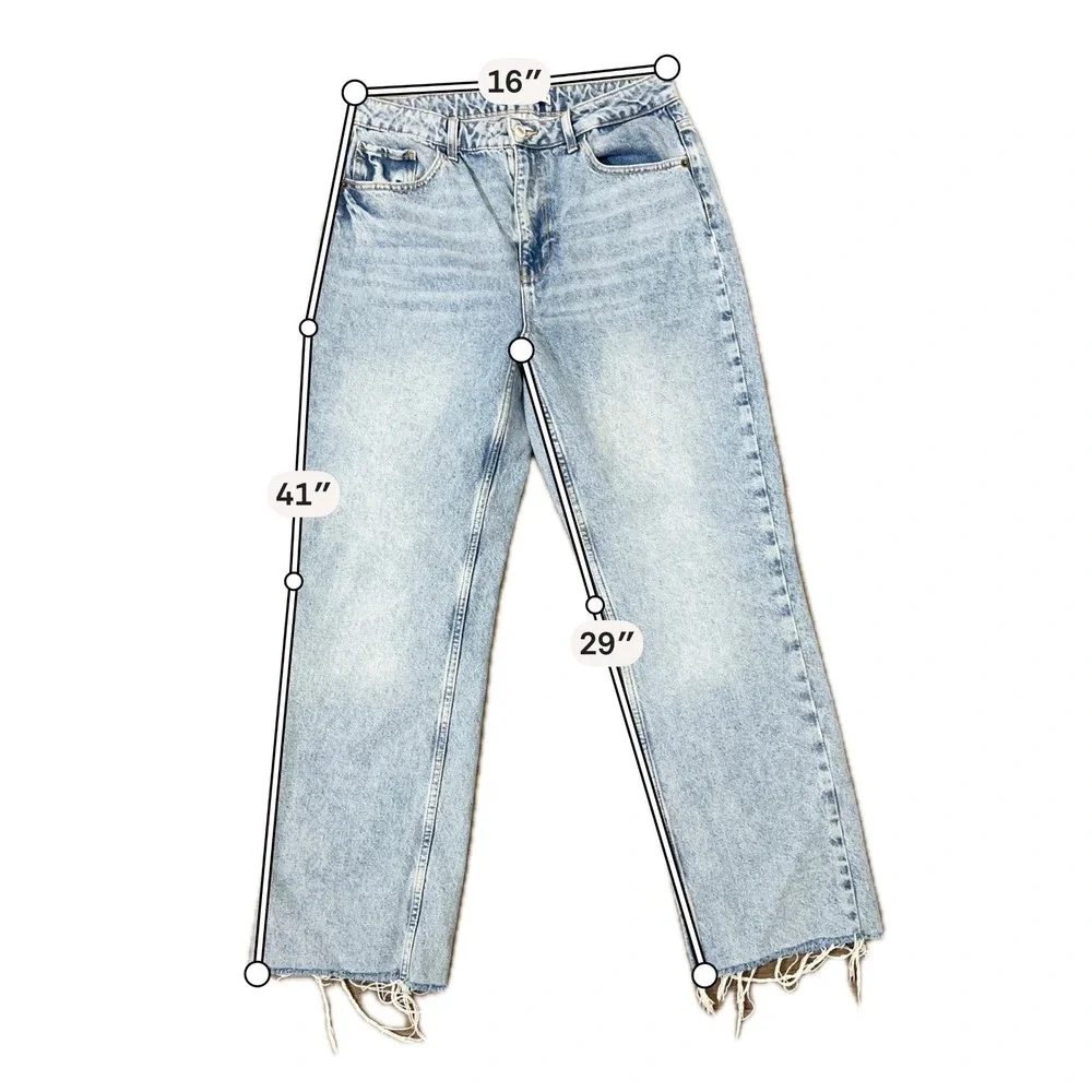 Zara High Rise Straight Leg Raw‎ Hem Light Wash Denim Jeans Women's Size 10